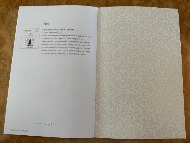 Emirates A380 Business Class Wine Menu