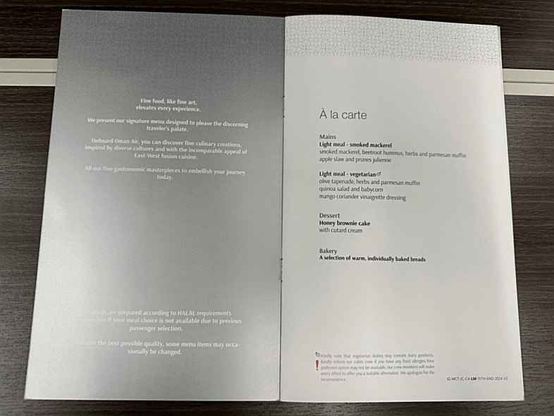 Oman Air | 737-Max 8 | Business Class Menu