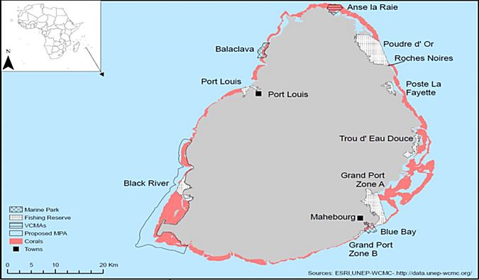 Mauritius Coastline | Courtesy ESRI, UNEP-WCMC