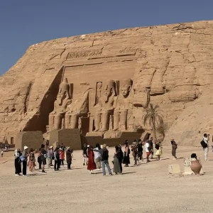 Abu Simbel Great Temple facade with four colossal statues of Ramesses II, Egypt