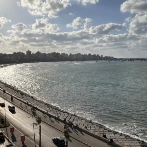 Aerial view of Alexandria Corniche and Mediterranean coastline, Egypt