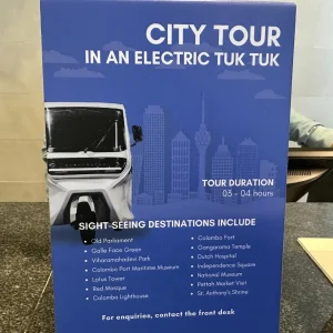 Electric tuk tuk city tour brochure showing Colombo tourist attractions and sightseeing destinations