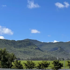 Corps de Garde mountain volcanic peak with lush tropical vegetation in Mauritiu