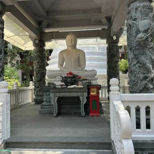 White Buddha statue with ornate carved pillars at Gangaramaya Buddhist Temple, Colombo