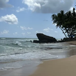 Tropical beach with large rocks and palm trees at Turtle Beach Hikkaduwa, Sri Lanka