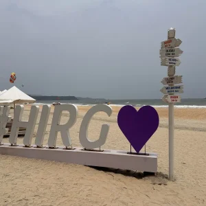 #HIRG beach installation with world distance signpost at Mobor Beach, Goa, India