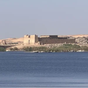 Kalabsha Temple ruins on Lake Nasser viewed from Aswan High Dam, Egypt