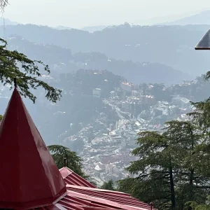 Panoramic view of Shimla hill station town from temple viewpoint, Himachal Pradesh, India